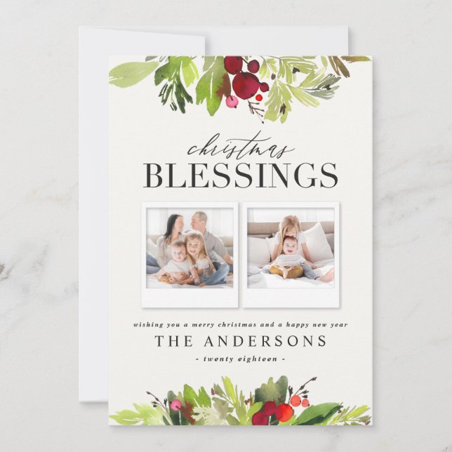 Christmas blessing multi photo plaid and foliage holiday card (Front)