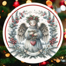 Christmas Blessings Angel Green Pine Red Berries