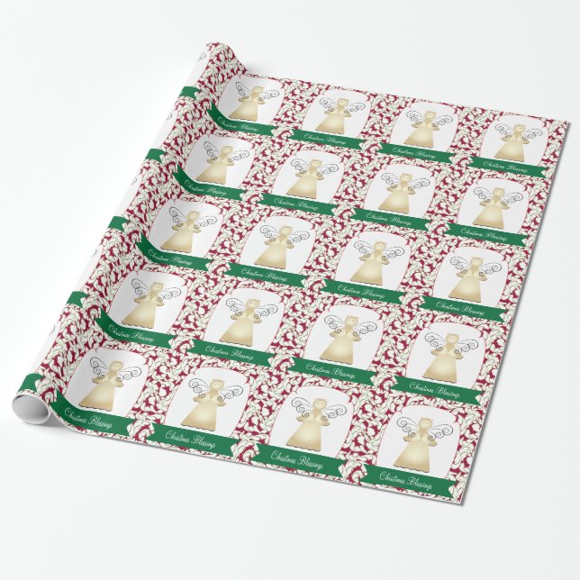 Christmas Blessings Angel on Red with White Swirls Wrapping Paper (Unrolled)