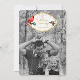 Christmas Blessings Cardinal Holly Tree Holiday Card