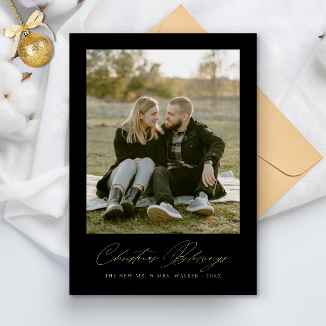 Christmas Blessings Elegant Newlyed Couple Photo Holiday Card (Creator Uploaded)