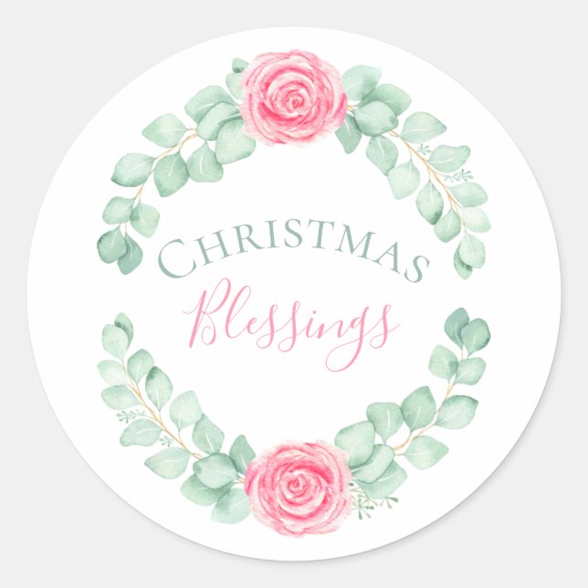 Christmas Blessings Floral Eucalyptus Watercolor Classic Round Sticker (Front)