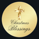 Christmas Blessings Gold Sticker with Cross<br><div class="desc">A beautiful gold sticker for a religious person of faith. A modern gold cross sits on a gold background. Christmas Blessings is written in a beautiful elegant and formal script. Perfect way to keep the focus on the real meaning of Christmas. I appreciate you stopping by my store, Celebrais. Wishing...</div>
