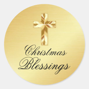 Christmas Blessings Gold Sticker with Cross