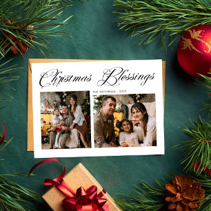 Christmas Blessings Modern Script 3 Photo Holiday Card
