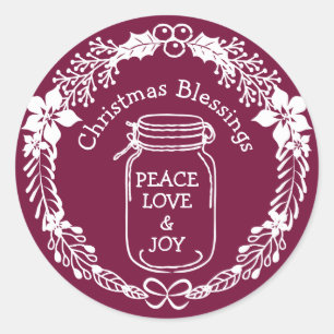 Christmas Blessings Peace Love Joy Mason Jar Classic Round Sticker