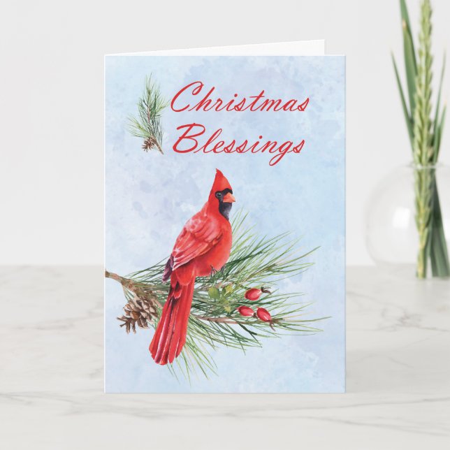 Christmas Blessings Red Cardinal on Pine Bough Card (Front)