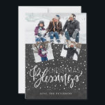 Christmas blessings rustic 3 photos chalkboard holiday card<br><div class="desc">Family seasonal holiday greetings 3 photo collage card on a dark grey charcoal chalkboard background with falling snow and "Christmas Blessings" white chic calligraphy script.        Easy to personalise with your photos and text!</div>