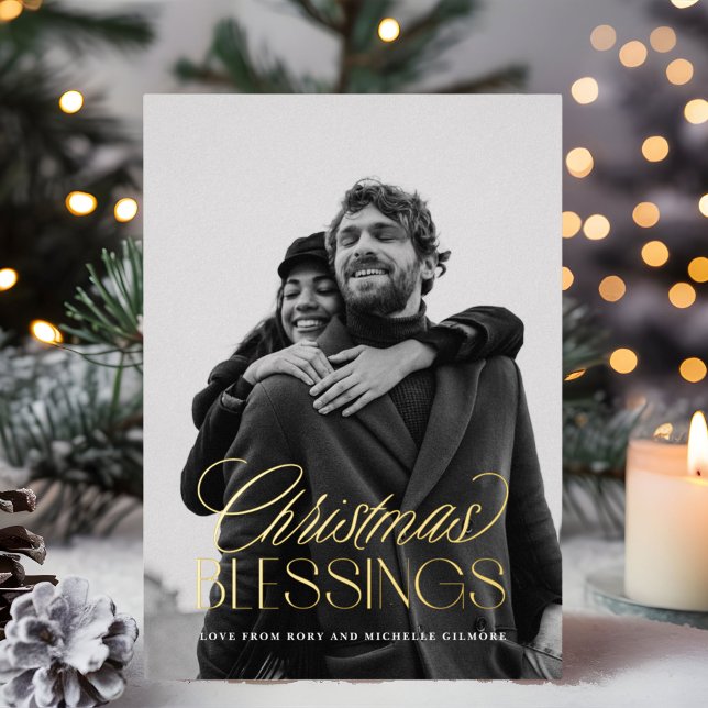 Christmas Blessings Stylish Text Overlay 1-Photo (Christmas Blessings gold foil text overlay Christmas photo card)