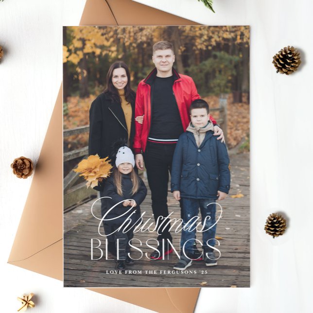 Christmas Blessings Stylish Text Overlay 1-Photo Holiday Card (stylish script Christmas blessings text overlay photo insert card)