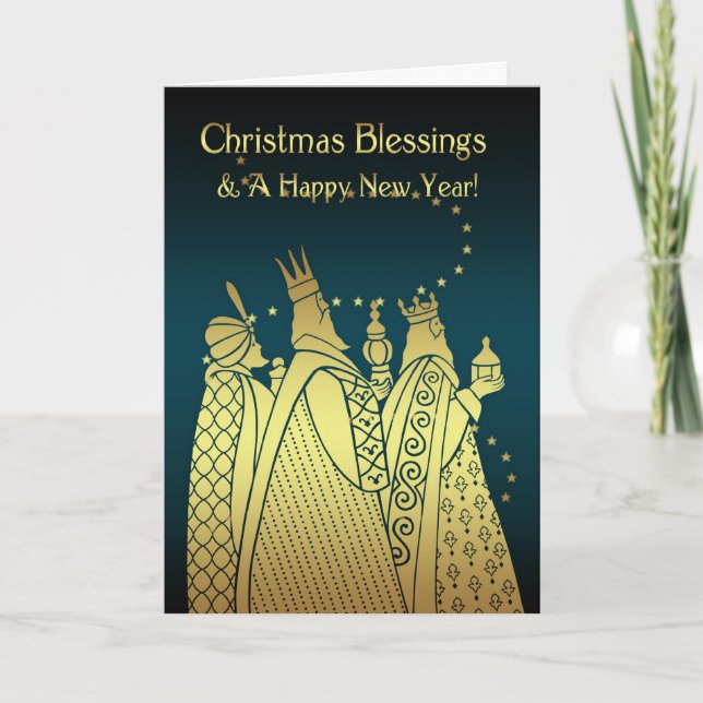 Christmas Blessings - Three Wise Men - Gold Effect Holiday Card (Front)