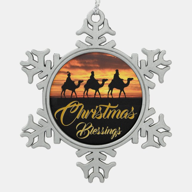 Christmas Blessings Three Wise Men Orange Sunset Snowflake Pewter Christmas Ornament (Front)