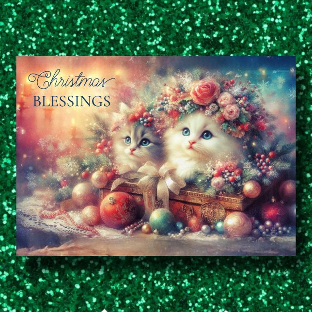 Christmas Blessings Vintage Kittens Bible Verse Holiday Card (Creator Uploaded)