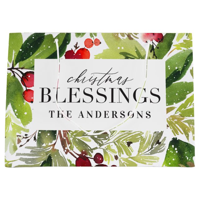 Christmas Blessings watercolor foliage personalise Large Gift Bag (Front)