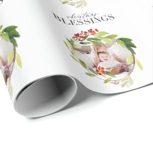 Christmas Blessings watercolor foliage photo Wrapping Paper