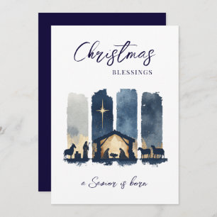 Christmas Blessings Watercolor Nativity Scene Holiday Card