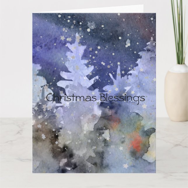 Christmas Blessings Watercolor Winter Landscape Card (Front)