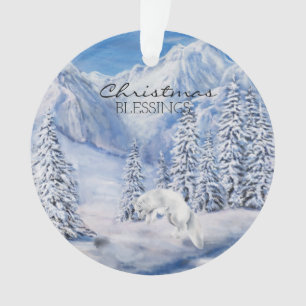 Christmas Blessings Winter Landscape and White Fox Ornament