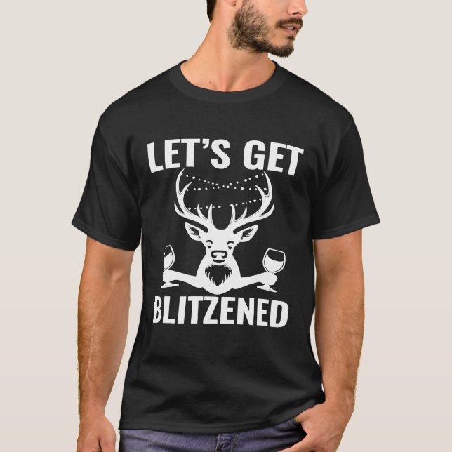 Christmas Blitzened Wine Drinking Reindeer Design T-Shirt (Front)