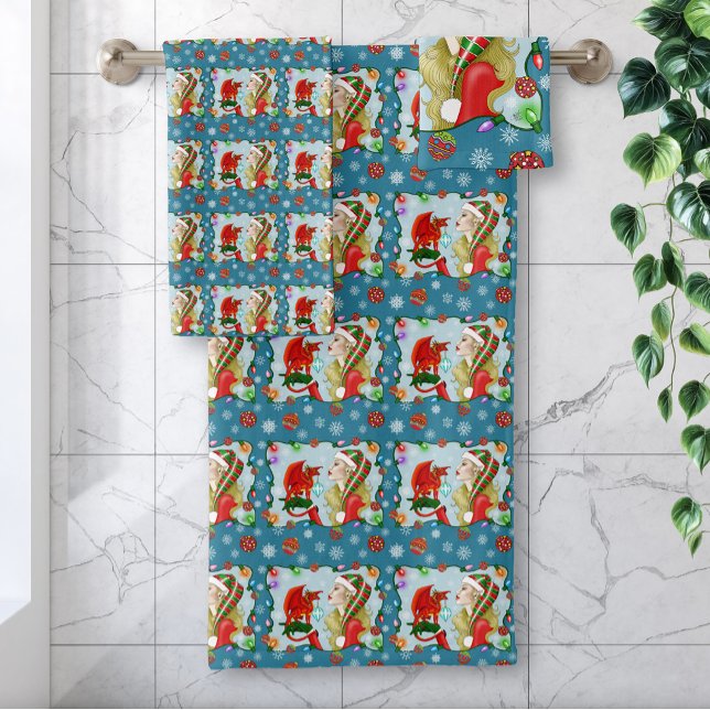 Christmas Blonde Elf Red Dragon Fantasy  Bath Towel Set (Creator Uploaded)