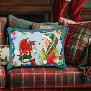Christmas Blonde Elf Red Dragon Fantasy Decorative Cushion