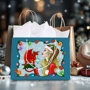 Christmas Blonde Elf Red Dragon Fantasy Large Gift Bag