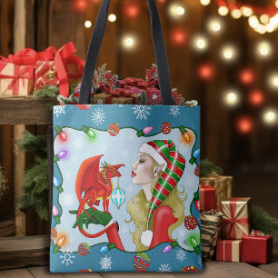 Christmas Blonde Elf Red Dragon Fantasy Tote Bag