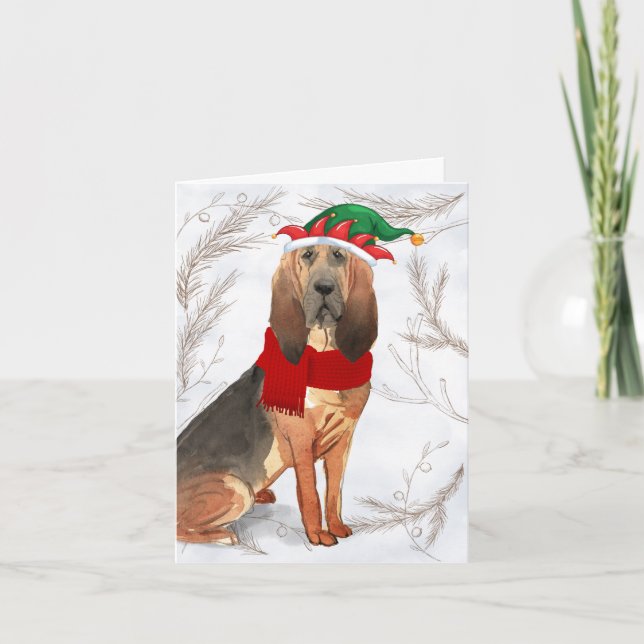 Christmas Bloodhound Dog and Botanical Pines Holiday Card (Front)