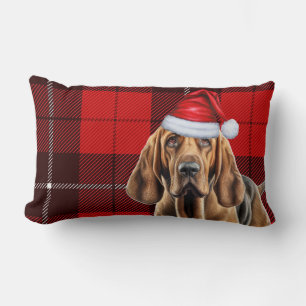 Christmas Bloodhound Dog Red Holiday Plaid Lumbar Cushion