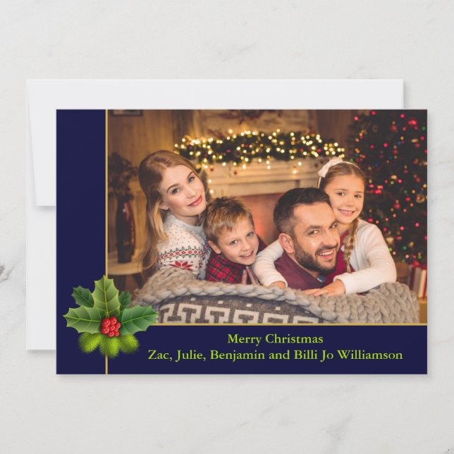 Christmas Blue and Gold Frame With Holly Photo Holiday Card (Front)