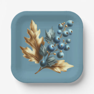 Christmas Blue and Gold Winterberries Paper Plate