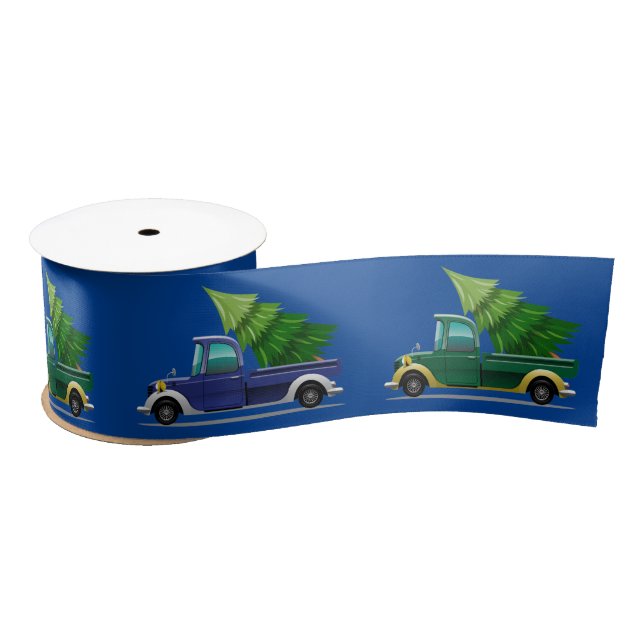 Christmas Blue and Green Truck with Tree  Satin Ribbon (Spool)