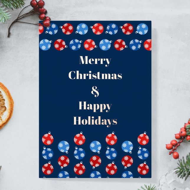 Christmas blue and red ornaments with snowflakes (Christmas blue and red ornaments custom card - personalize it with your photo and your text)