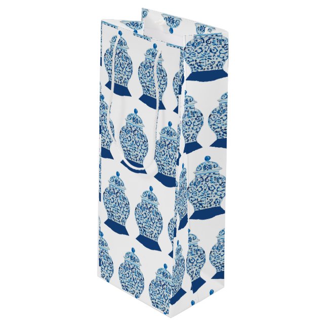 Christmas Blue and White Ginger Jar Wine Gift Bag (Front Angled)
