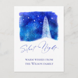Christmas blue and white Silent Night snowy tree Holiday Postcard