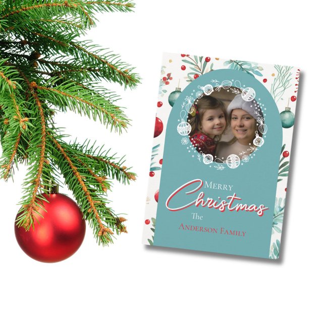 Christmas Blue Arch Botanical Green Pine Needles Holiday Card (Creator Uploaded)