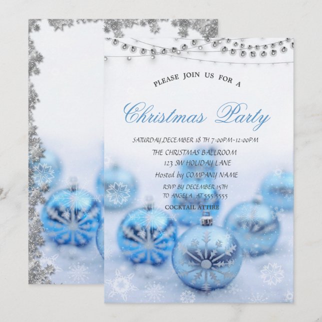 Christmas Blue Balls,Stars Christmas Company Party Invitation (Front/Back)