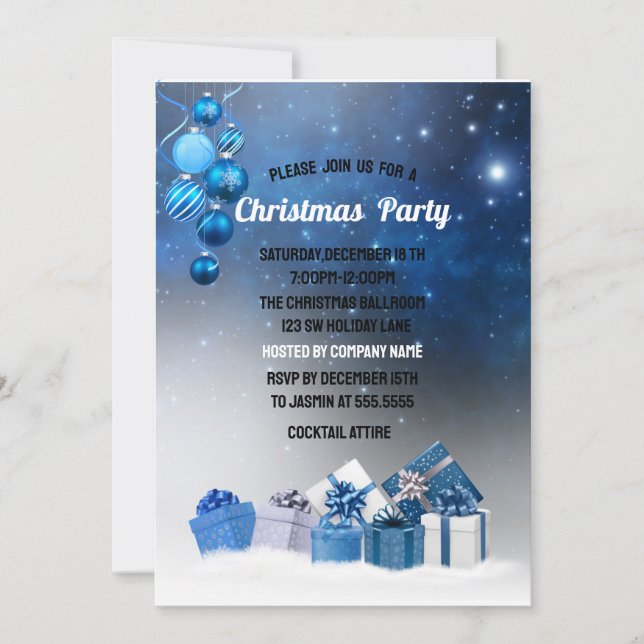 Christmas Blue Balls,Stars Christmas Company Party Invitation (Front)