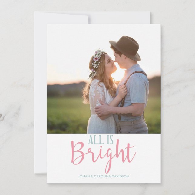 Christmas Blue Blush Pink Typography Holiday Photo Card (Front)