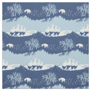 Christmas Blue Bunny Rabbit Cute Vintage Scene Fabric