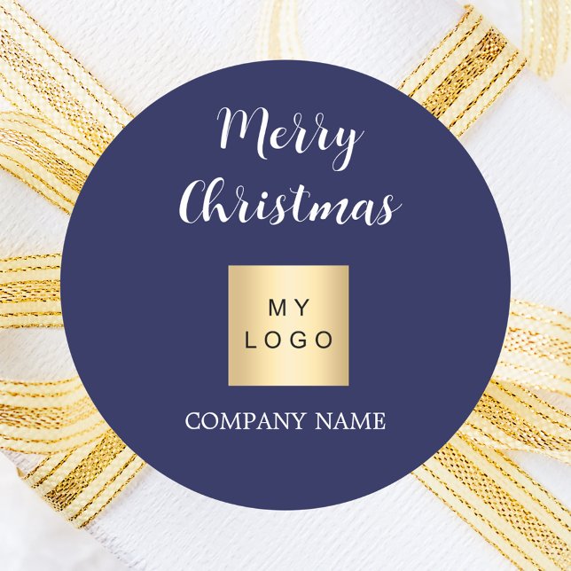 Christmas blue business logo classic round sticker (Creator Uploaded)