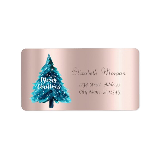 Christmas,Blue Christmas Tree, Rose Gold Label (Front)