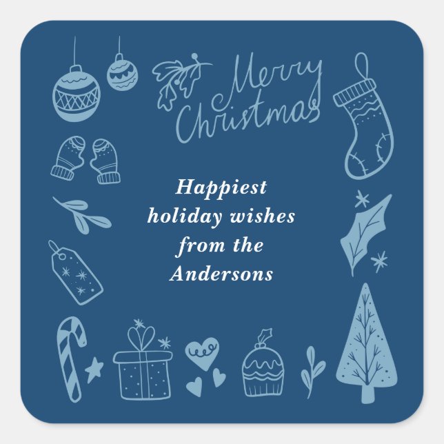 Christmas Blue Cute Festive Hand Drawn Doodles Square Sticker (Front)