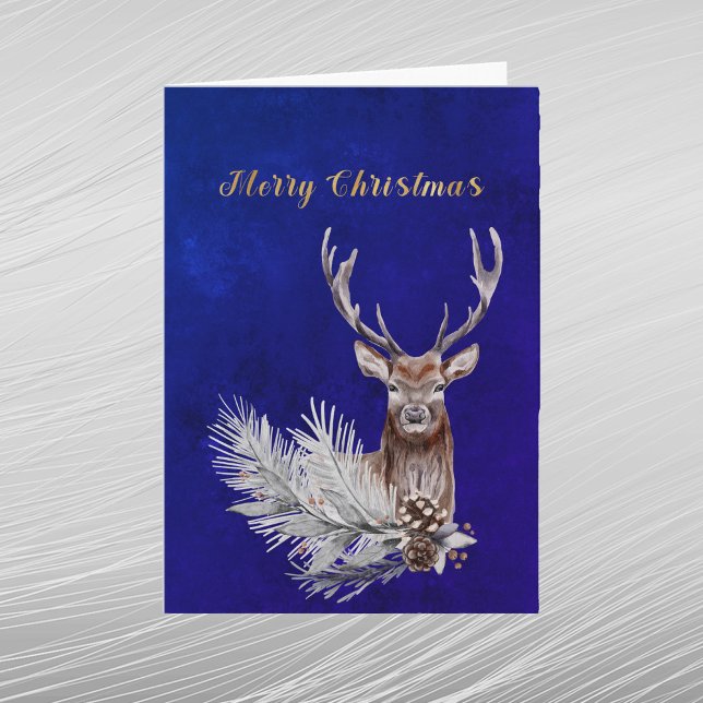 Christmas Blue Deer Pine Branch Cones Watercolor Holiday Card (Creator Uploaded)