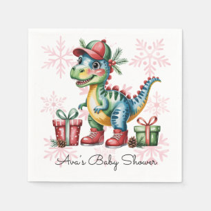 Christmas Blue Dino and Presents Boy Baby Shower Napkin