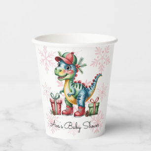 Christmas Blue Dino and Presents Boy Baby Shower Paper Cups