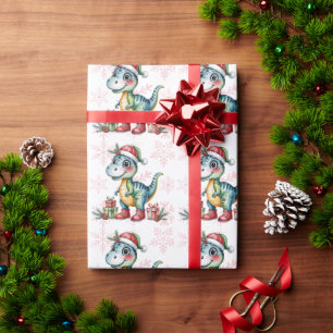 Christmas Blue Dino and Presents Boy Baby Shower Wrapping Paper
