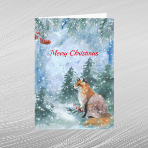 Christmas Blue Fox Landscape Watercolor Holiday Card
