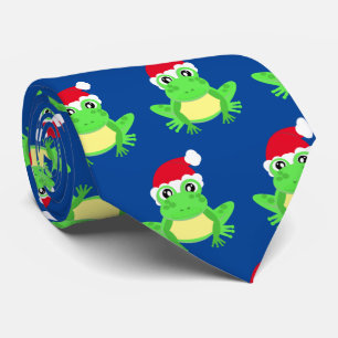 Christmas Blue Frog Santa Hat Pattern Novelty  Tie