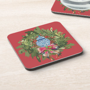 Christmas Blue Ginger Jar Wreath Coaster
